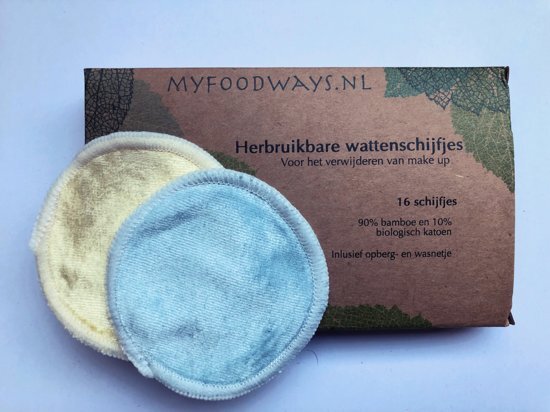 MyFoodways.nl 16x Blauwe en Gele Bamboe Wasbare Wattenschijfjes incl Waszakje Gezichtsreiniging Herbruikbare reinigingsdoekjes Make Up Verwijderen Face Pads