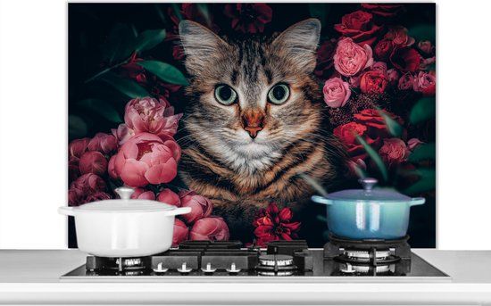 KitchenYeah Spatscherm keuken 100x65 cm - Kookplaat achterwand Kat - Bloemen - Dieren - Botanisch - Muurbeschermer - Spatwand fornuis - Hoogwaardig aluminium