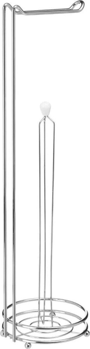 5five Staande wc/toiletrolhouder met reservoir zilver/wit 60 cm van metaal - Wc-rol houder - Toiletrol houder