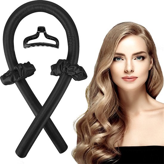 SOHO Heatless Curls Zwart - Haarkrullen - Krullen zonder hitte - Satijnen haarkruller - Met 2 Scrunchies en een Haarclip