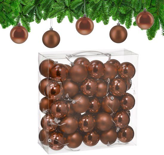 Relaxdays kerstballen set van 50 - Ø 6 cm - glanzend - mat - kunststof - bruin