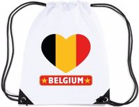 Bellatio Decorations Belgie thema sporttas - nylon rijgkoord rugzak - wit met vlag print - supporters - 11 liter - 45 x 34 cm