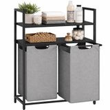 Relaxdays wasmand met legplanken, 2 uittrekbare wasbakken, zwart/grijs | elk 46 liter, stof, HxBxD: 93 x 73 x 33 cm