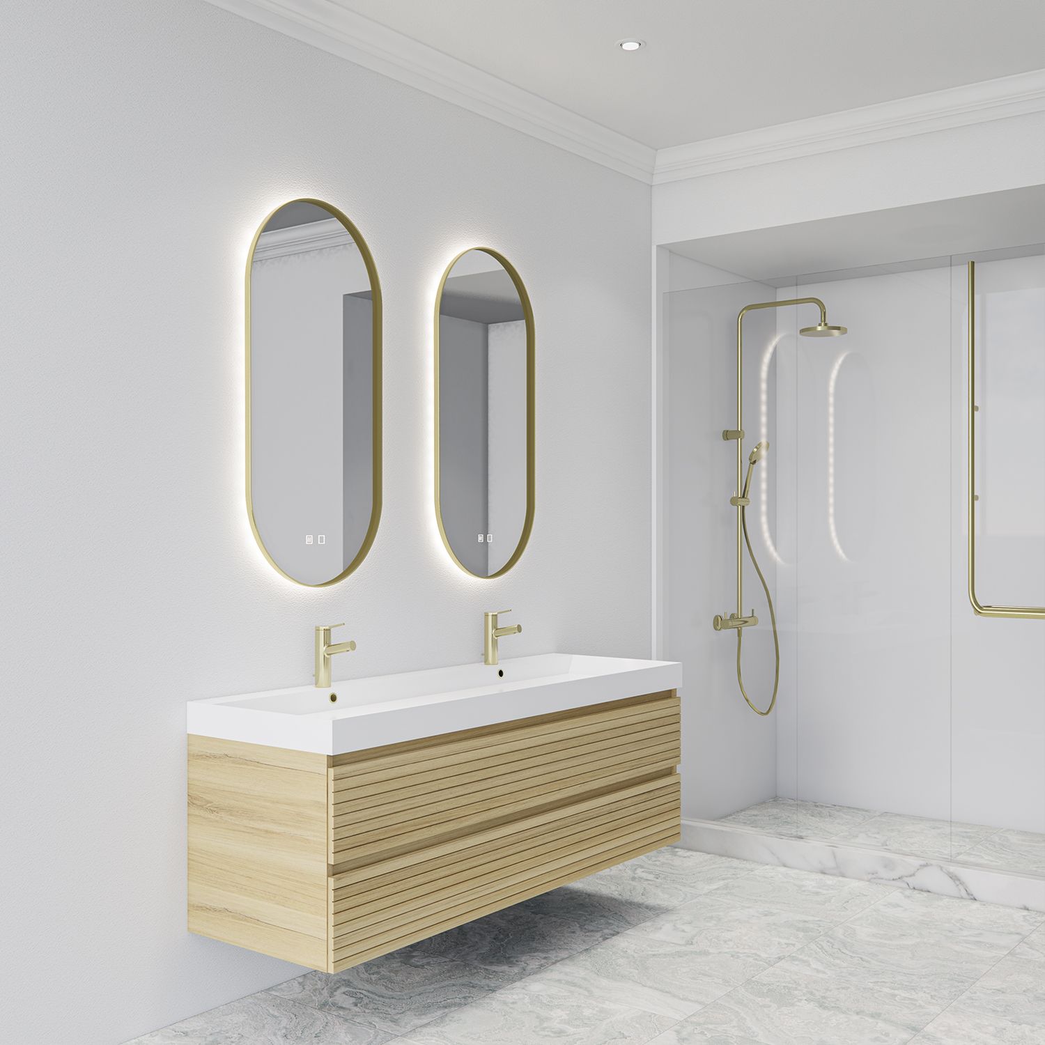 Gliss Design Aura LED Spiegel - 40x100 cm - Mat Goud - Ovaal - Met Spiegelverwarming