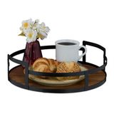 Merkloos Relaxdays Rond dienblad - serveerblad met handgrepen - 1 stuk - hout met metalen rand - 8,5 x 30,5 cm