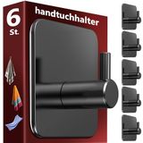 Menz Handdoekhouder zonder boren, 6 stuks - zwarte kleefhaken extra sterk, roestvrij, ideaal als handdoekhaak voor badkamer en keuken - premium haak zelfklevend incl. kleefpads