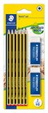 Staedtler Noris 120, hoogwaardige houten HB-potloden, blisterverpakking met 6 HB-potloden en 2 originele Mars kunststof gum, 120 R BK6D