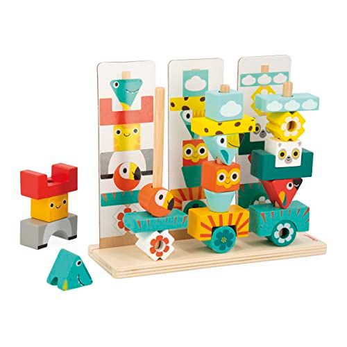 Janod Totem Tropik kinderspeelgoed van hout FSC-52 stuks om te stapelen + 12 modellen - educatief spel vanaf 3 jaar, J08279, meerkleurig