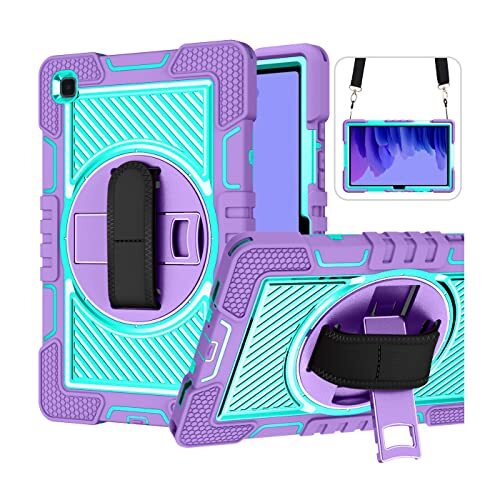 Spzhike Beschermhoes voor Samsung Galaxy Tab A7 10,4 inch 2020 (SM-T500/T505/T507), schokbestendig, 360 draaibaar, standaard/handriem en schouderriem, beschermhoes, paarsgroen