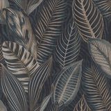 Rasch Behang 751840 - vliesbehang met grote bladeren in blauw en goud metallic uit de collectie African Queen III