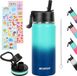 Unyqoos® Bouteille d'eau, bouteille de sport en acier inoxydable, enfant anti-fuite, bouteille avec paille, bouteilles thermos à double paroi et bouteille sans BPA avec 2 couvercles (450 ml) - Bleu, Vert