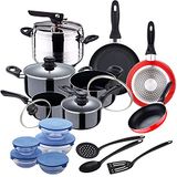 Kookgerei set, 8-delig, geperst aluminium + snelkookpan 5 l + 3 keukengerei van nylon + 3 pannen 16/20/24 cm + set 5 stuks glazen schalen met gekleurde deksels