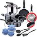 Kookgerei set, 8-delig, geperst aluminium + snelkookpan 5 l + 3 keukengerei van nylon + 3 pannen 16/20/24 cm + set 5 stuks glazen schalen met gekleurde deksels