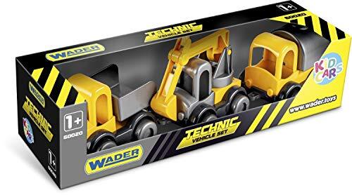 Wader Quality Toys Kid Cars 60021 Speelset bouwplaats, 3 gele voertuigen met kiepwagen, kraan en drinkwagen, stabiele stalen assen, vanaf 12 maanden, ideaal als cadeau voor creatief spelen