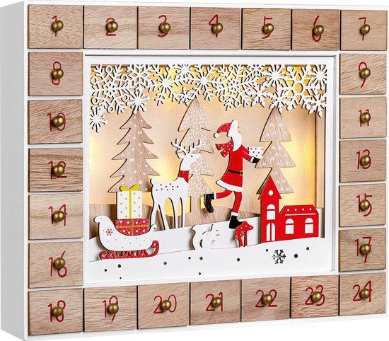 Spielwerk Adventskalender - LED Kerstman MDF - Natuurlijk Design