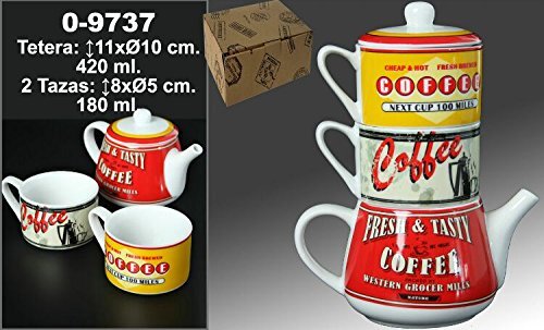 DONREGALOWEB Theepot met 2 stapelbare keramische mokken, versierd met logo Coffee in drie kleuren, met inhoud, 420 ml en kopjes van 180 ml