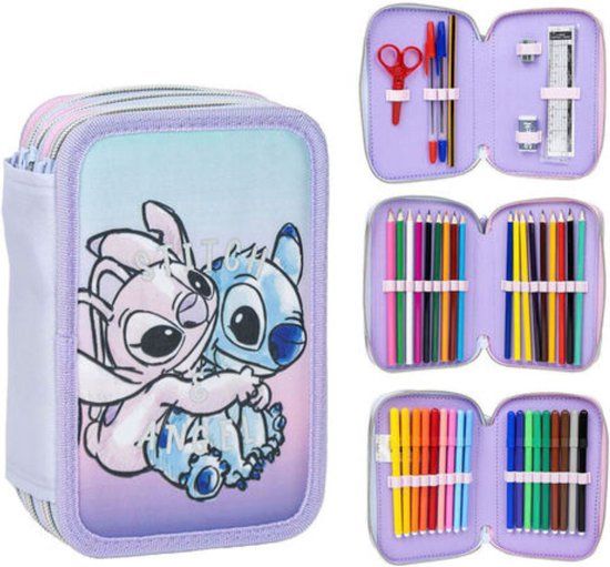 CERDÁ LIFE'S LITTLE MOMENTS Stitch & Angel etui voor meisjes – 44-delig tekenetui – 3-vaks gevuld met potloden, stiften en accessoires – School & Knutselen