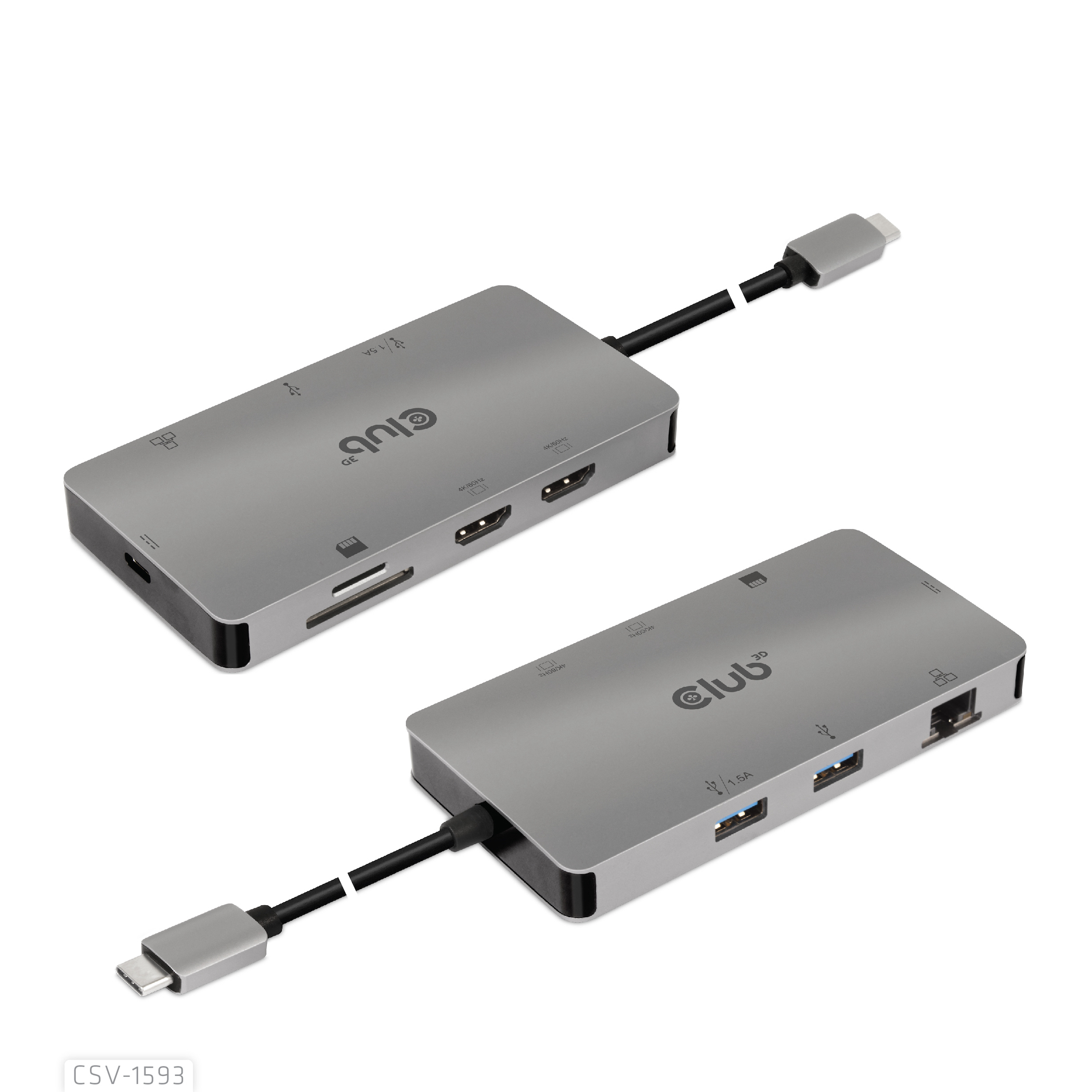 Club 3D USB 3.2 Gen1 Type-C 8-in-1 hub met 2x HDMI, 2x USB-A, RJ45, SD/Micro SD-slot en USB Type-C Vrouwelijk