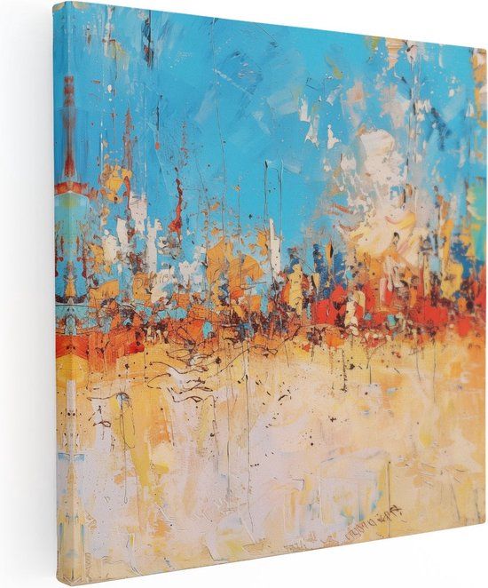 Artaza Canvas Schilderij Abstract Kunstwerk - Blauw, Oranje en Geel - 80x80 cm