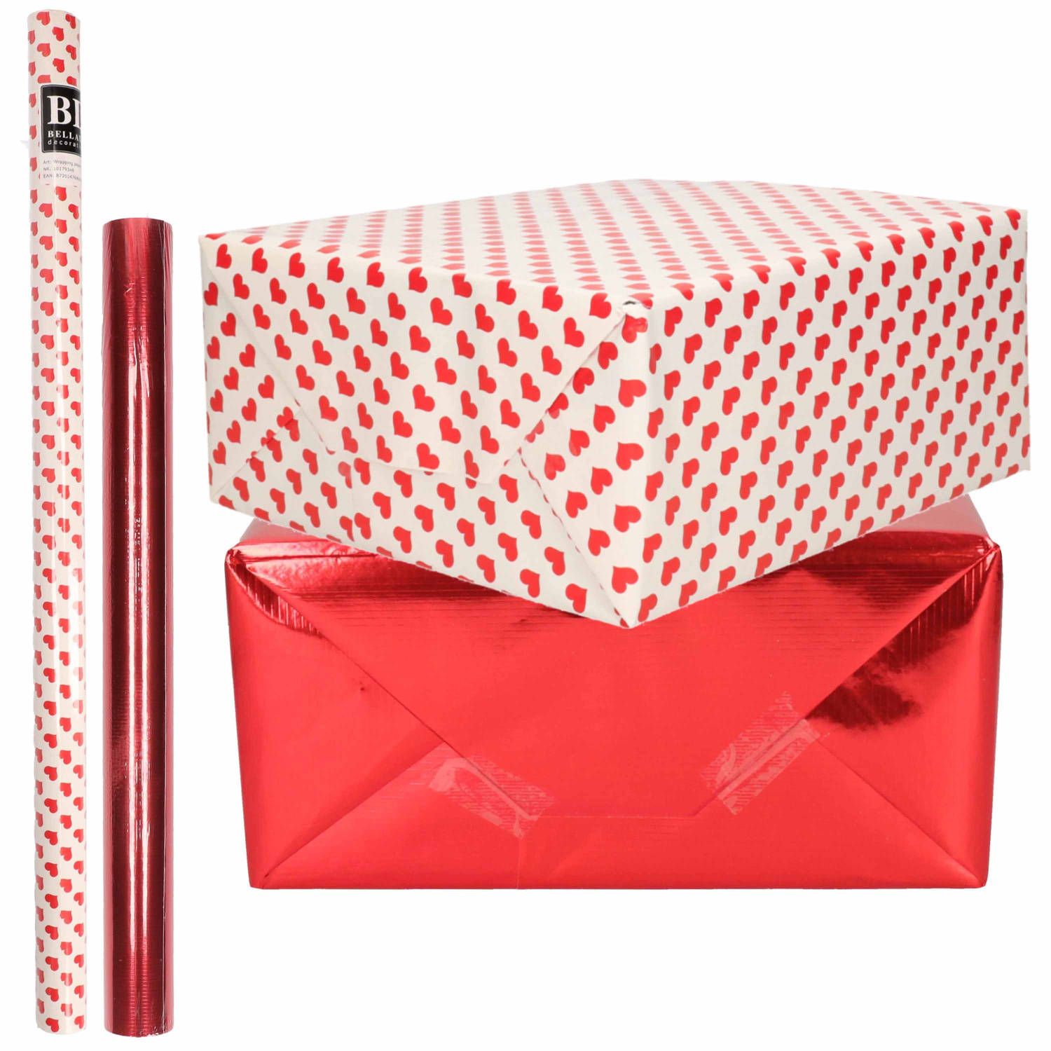 Bellatio Decorations Kraft Inpakpapier Liefde/Rode Hartjes - Rood Metallic - 200 x 70/50 cm