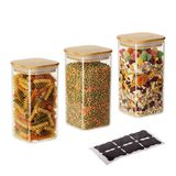 Relaxdays Voorraadpotten 3 stuks met bamboe deksel vierkant 1500 ml luchtdicht transparant natuur 21 x 10 x 10 cm