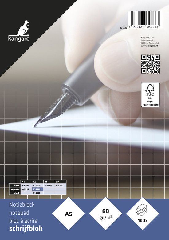 Kangaro Schrijfblok A5 Ruit 5mm - 100 Vel