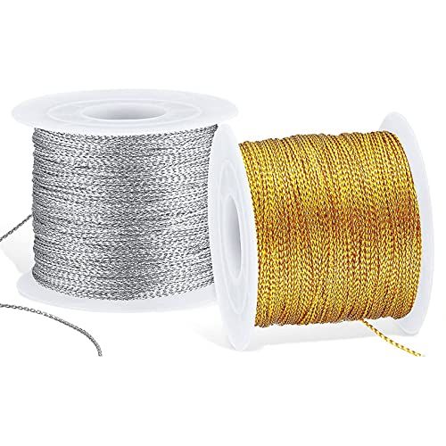 Lushly 2 Rollen Metallic Klatergoud Koord, Metallic Koord 1 mm, Knutselkoord, Gevlochten Koord Trim 100m, Machineborduurgaren Polyester voor Cadeaupapier Decoratie Kunsthandwerk DIY (Goud, Zilver)