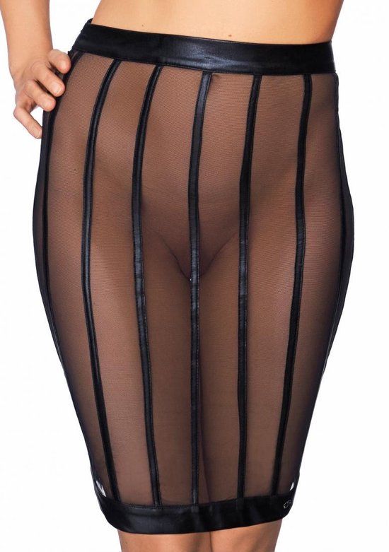 7 Heaven Socorro - Wetlook en Mesh Gestreepte kokerrok - Zwart - S