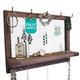 Grote rustieke chocoladebruine boerderij vintage wandmontage hangende sieradenorganizer, perfecte houder voor oorbellen, kettingen armbanden - gouden kippengaas, cadeau voor vrouwen, vrouw, moeder,