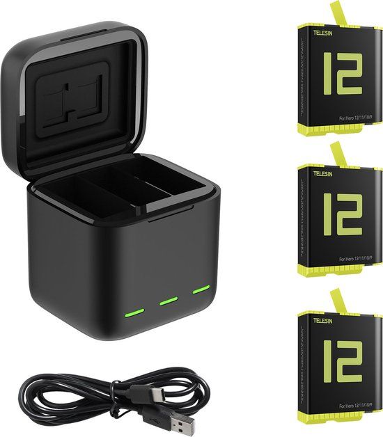 Telesin Oplaadbox met 3 batterijen voor GoPro 9/10/11/12 - Zwart