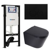 Geberit QeramiQ Dely Toiletset - 36.3x51.7cm - diepspoel - rimless - Geberit UP320 plieger inbouwreservoir - softclose toilet zitting - 35mm - metaal mat zwarte bedieningsplaat - ronde knoppen - mat zwart