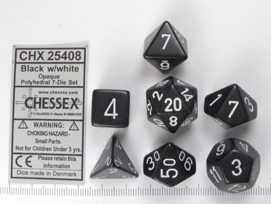 Chessex dobbelstenen set 7 polydice Opaque Black w/white