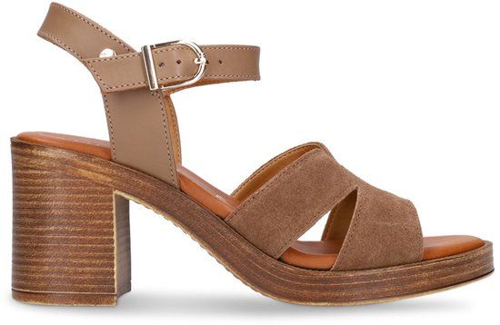 No Stress - Dames - Bruine suède sandalen met blokhak - Maat 42