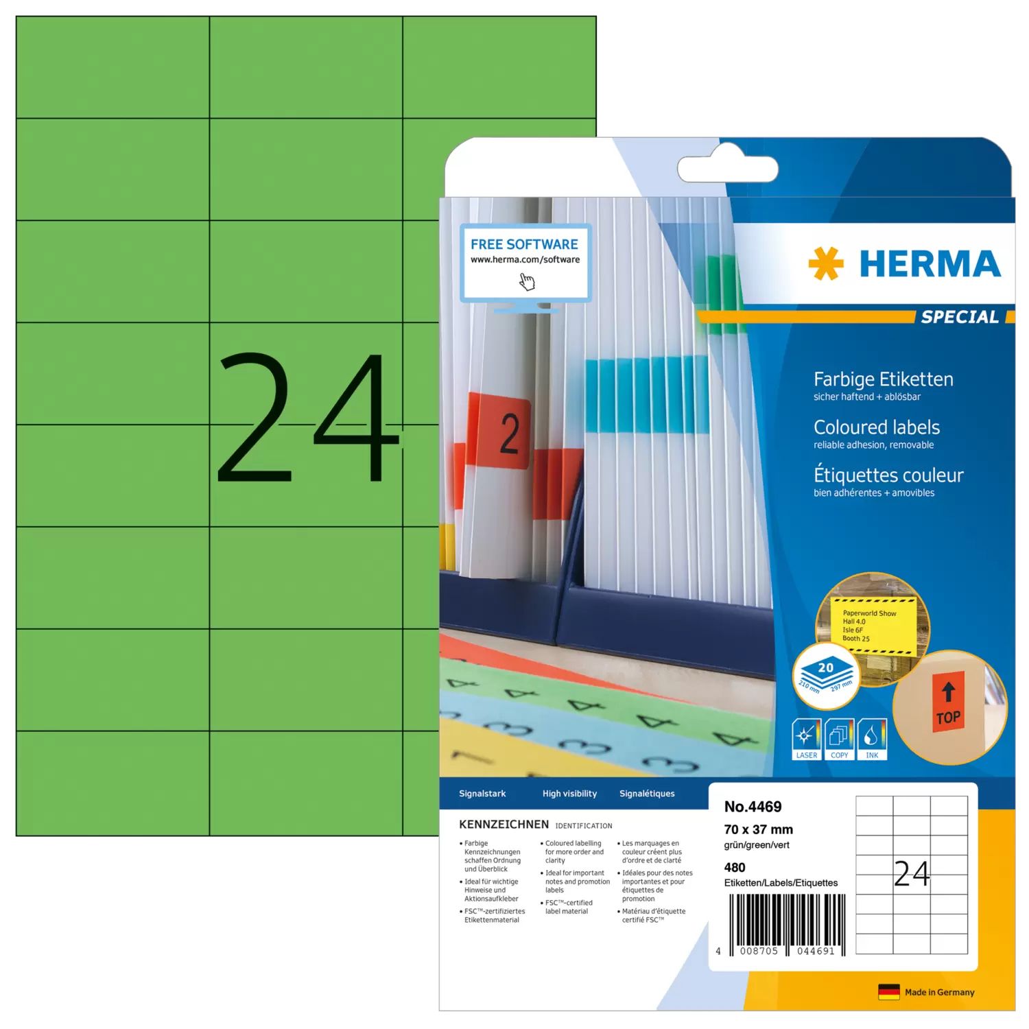 Merkloos HERMA 4469 A4 Green Self-adhesive Printer Labels - 70x37mm - 480 Labels