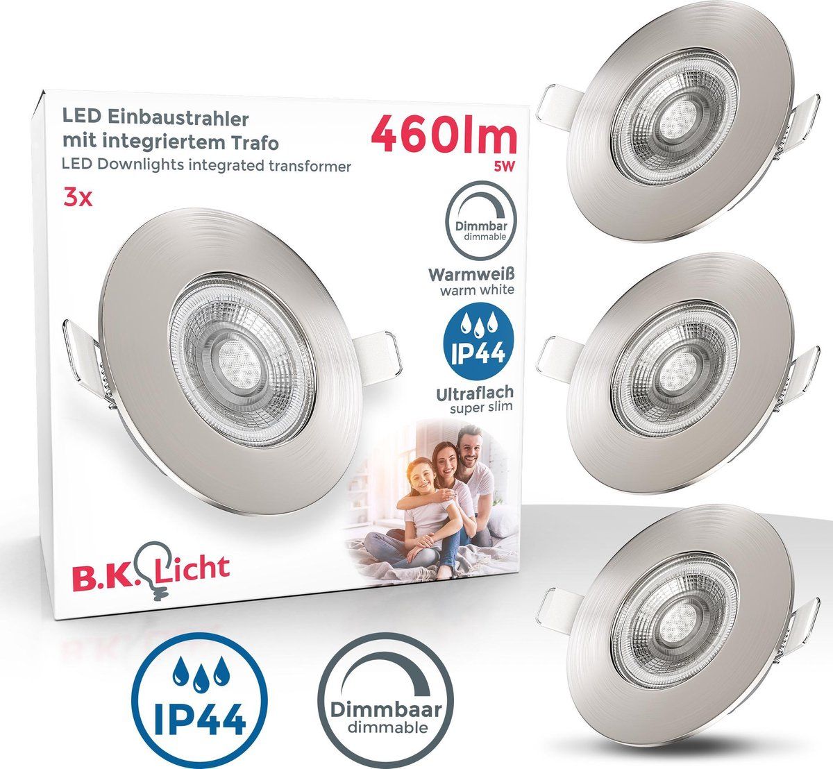B.K.Licht - Inbouwspots badkamer - LED - 3 stuks - dimbaar - Ø9cm - 3.000K - 460Lm - 5W - nikkel