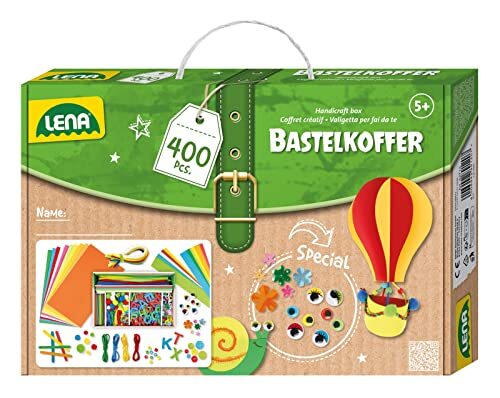 Lena 42713 Knutselkoffer met 400 delen, materiaal voor knutselpapier, schuimrubber, pijpenreiniger, wiebelogen, pompons, ijsstokjes, knopen en meer, voor kinderen vanaf 5 jaar, kleurrijk