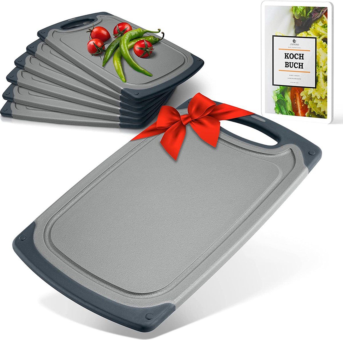 Exitoso De originele ontbijtplankjes set van 6 snijplanken, antislip met sapgoot en handgreep, vaatwasmachinebestendig, antibacterieel, grijs, zwart, kunststof, broodplank, 25 x 15 cm, klein