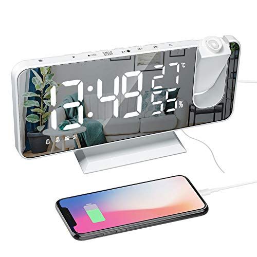 VORRINC Projectiewekker, radiowekker, digitale wekker met FM-radio, 7 inch led-spiegelscherm, dubbel alarm met USB-aansluiting, 4 projectiehelderheid, 180 graden flip-display en 12/24 uur (B)