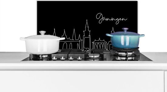 KitchenYeah Spatscherm keuken 70x30 cm - Groningen Skyline - Zwart wit - Aluminium