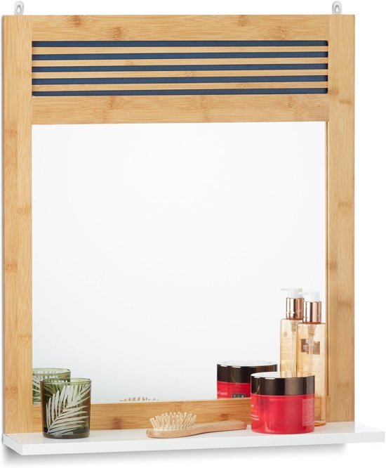 Relaxdays badkamerspiegel met planchet - bamboe spiegel - wandspiegel hout - met plankje
