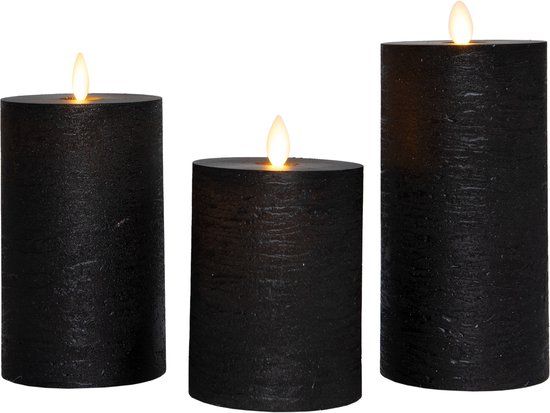Anna's Collection LED kaars oplaadbaar flame effect rustiek set 7.5 cm zwart 3 stuks