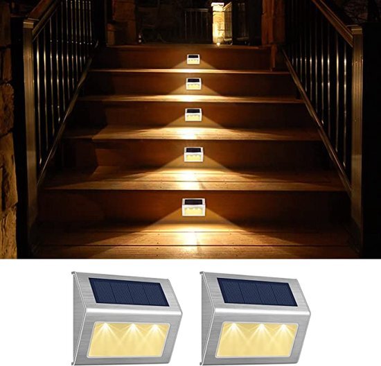 Bantach 2 Stuks - Solar Led Zonne-Energie - Warm wit - Wandlamp - Buitenlamp - Tuinverlichting - RVS