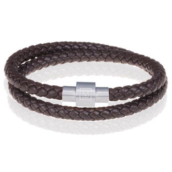Memphis Leren wrap armband Donkerbruin Zilverkleurig-19cm