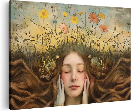 Artaza Canvas Schilderij Meisje met Lang haar en Bloemen op haar Hoofd - 120x80 - Foto Op Canvas - Canvas Print