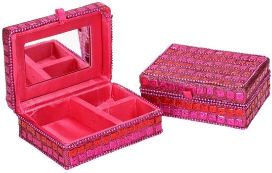 - Roze roze sieradenkistje met glitters 8 x 11 cm - Juwelenkistje/sieradendoosje met spiegel