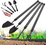 Ibenzoa® 5-delige tuingereedschapset – compact en draagbaar, roestvrij staal: grote en kleine handlepels, cultivator, onkruidsteker, tuinschaar