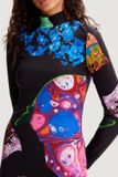 Desigual Bedrukte Coltruijurk Zwart Katoen Lange Mouw Kniehoogte Casual Vrouwen S
