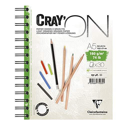 Clairefontaine 975030C tekenblok Cray'On (160 g, ideaal voor droge techniek, 30 vellen, DIN A5, 14,8 x 21 cm, spiraalbinding, microgeperforeerd) extra wit