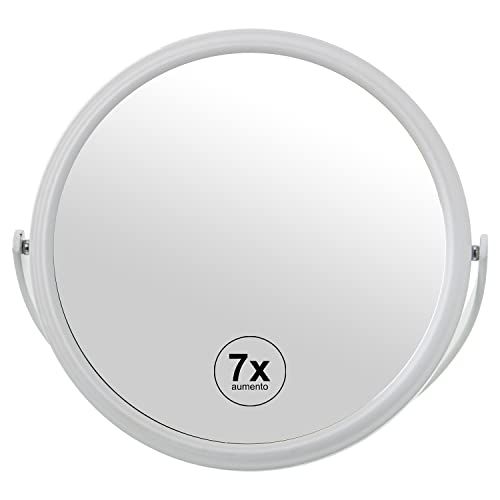 DRW Ronde spiegel met handvat om op te hangen of tafel, 7-voudig, metaal, wit, 17 x 12 x 20 cm