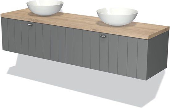 Maxaro Modulo Plato Badkamermeubel - 180cm - Middengrijs Lamel - Lichtbruin Eiken Blad - 2 Lades